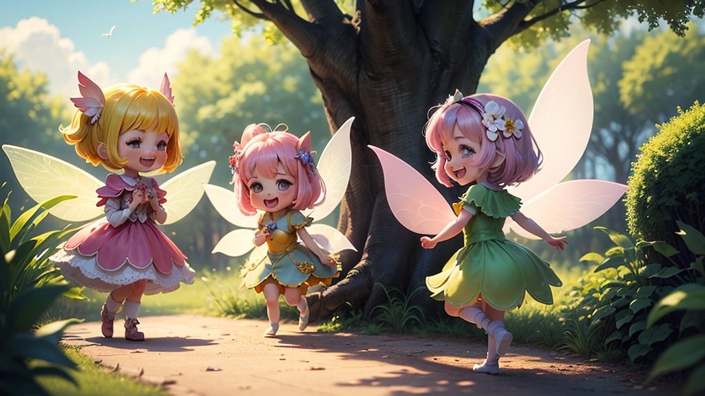 masterpiece、top-quality、ultra-detailliert、(Chibi Chara Fairy:1.2)、tickle,lol,LMAO,XD,big smile,happy fun smile,laugh out loud,vibrant laughing、blue open sky、white clouds,Dreamy garden, trees, flowers, Cute,exquisite artwork high quality、masterpiece、Sparkling fairies、Five Fairies、a Lots of fairies(a Pink Fairy、a Yellow Fairy、a Orange Fairy、a Green Fairy、a Light Blue Fairy They are playing happily)、In a beautiful forest、fun、Open your mouth、smile、Flying around、so many fairies、