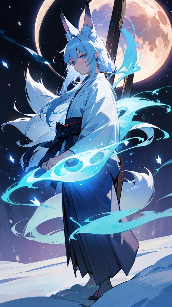 A fantastical scene featuring a character with silver hair and blue eyes. The character is wearing a traditional Japanese hakama and has fox ears and nine fox tails. A blue aura surrounds them, adding an ethereal glow to their presence. The scene is set on a moonlit night with gentle snowfall, creating a serene and magical atmosphere. The moonlight reflects off the snow, adding a shimmering effect to the entire scene.