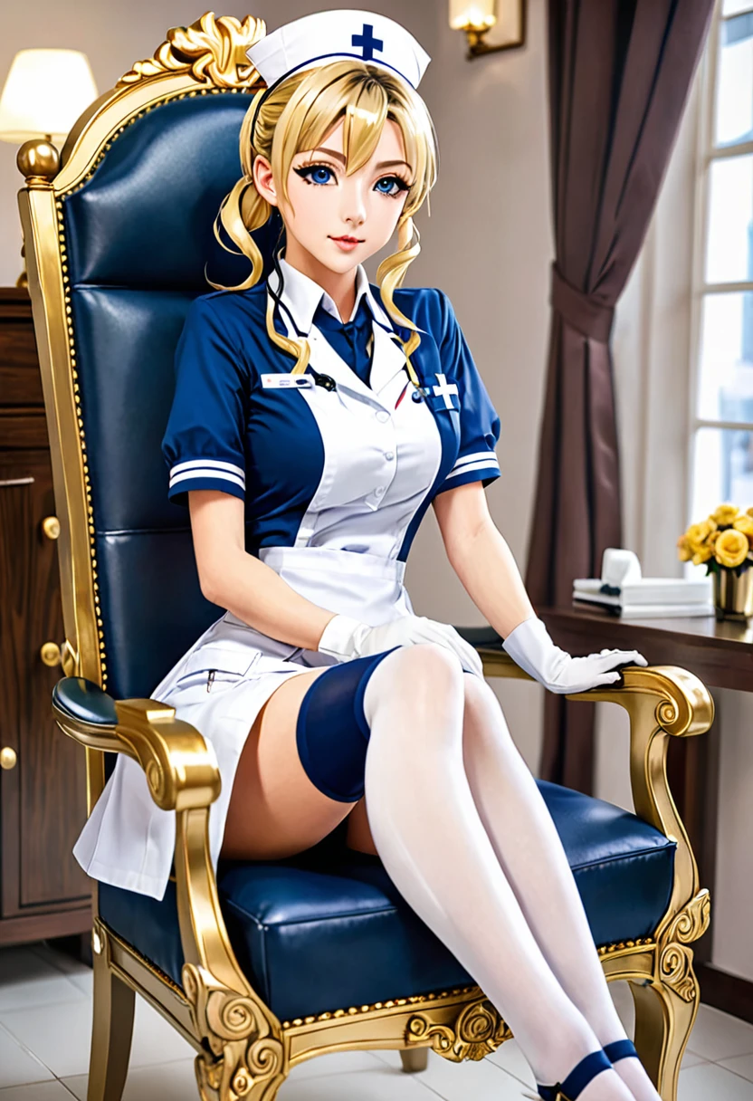 A blonde hair anime nurse girl, navy blue and white nurse outfit with golden decorations, wearing black stockings on legs, sitting on chair