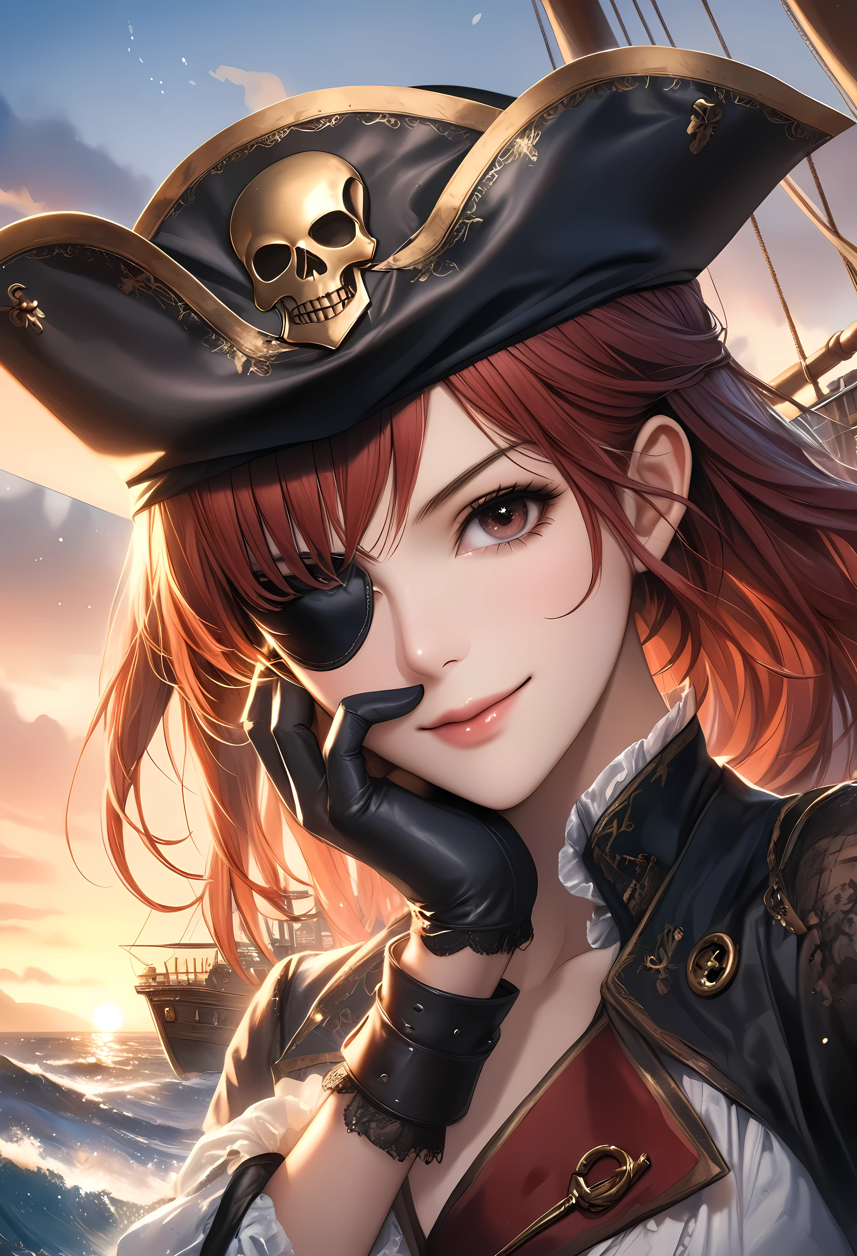 (Masterpiece in maximum 16K resolution:1.6), (intricate detail:1.4), (extremely insane detail:1.4),(highest quality:1.3),(Hyper_realistic:1.3). | ((Dark_color_tones):1.3),((upper body view of beautiful female pirate with red hair, an eye patch, detailed facial features, detailed clothing):1.3),((aeshthetic pirate ornaments, ship in the background, ocean waves, sunset sky, dramatic lighting):1.1), ((wide angle shot):1.2), Clear light, Edge lighting, Perfect image, 16k UE5,editorial painting, superfine, Depth of field, Ultra-realistic, no contrast, clean sharp focus, professional painting, No blurring. | (watercolor painting, dark color, sharp focus), ((Pretty Supermodel beauty):1.2), ((Red Hair):1.1), ((Pirate eye patch):1.1), ((fancy pirate hand gloves):1.3), kinetic expression, style painting magic. | ((She is smiling with evil intention):1.3),((perfect_pose):1.5), ((perfect_fingers, better_hands, perfect_hands, perfect_legs):0.7), (((More_Detail))). | Rendered in ultra-high definition with UHD and retina quality, this masterpiece ensures anatomical correctness and textured skin with super detail. With a focus on high quality and accuracy, this award-winning portrayal captures every nuance in stunning 16k resolution, immersing viewers in its lifelike depiction. Avoid extreme angles or exaggerated expressions to maintain realism. ((perfect_composition, perfect_design, perfect_layout, perfect_detail, ultra_detailed)), ((enhance_all, fix_everything)), More Detail, Enhance.