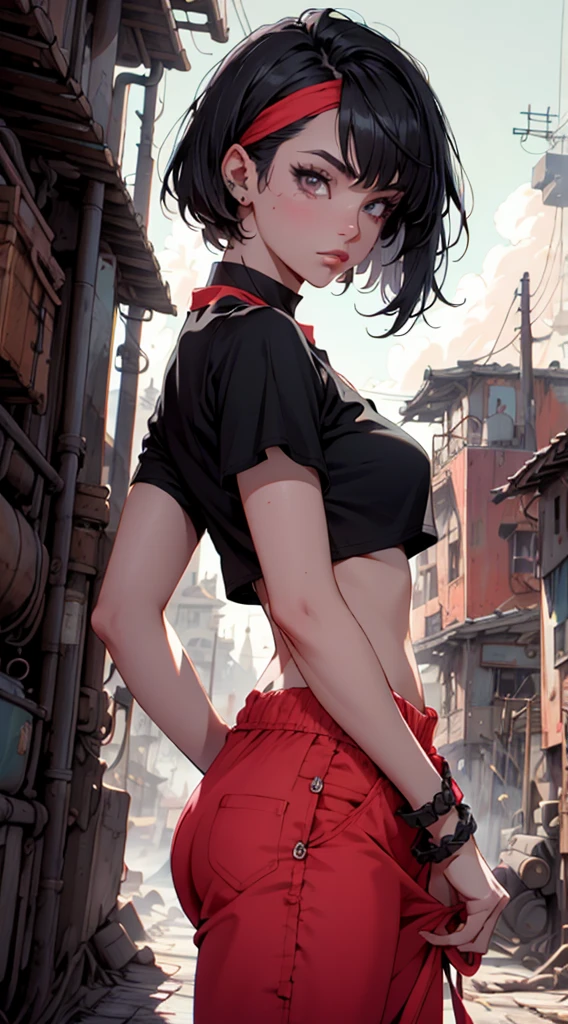 A seductive girl with short black hair and bangs, wearing a red crop top, gray pants, and a bandana, looking directly at the viewer, highly detailed, intricate, photorealistic, 8k, masterpiece, cinematic lighting, vibrant colors, dramatic atmosphere, sensual pose