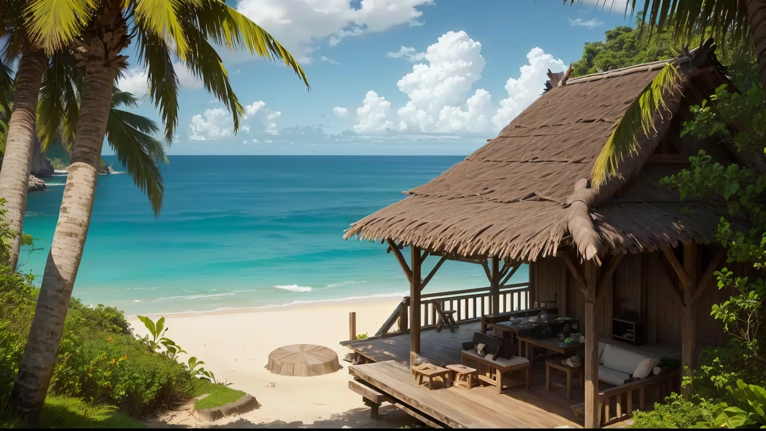 there is a small hut on the beach with a thatched roof, bali, inspirador, visualizar, in a by the sea environment, com vista para a praia, foto de beleza, by the sea, bottom angle, tropical location, scenic full photo, um plano amplo e completo, conde nast viagemer photo, lindamente renderizado, breathtaking look, plano amplo detalhado, serene beach scenery, viagem