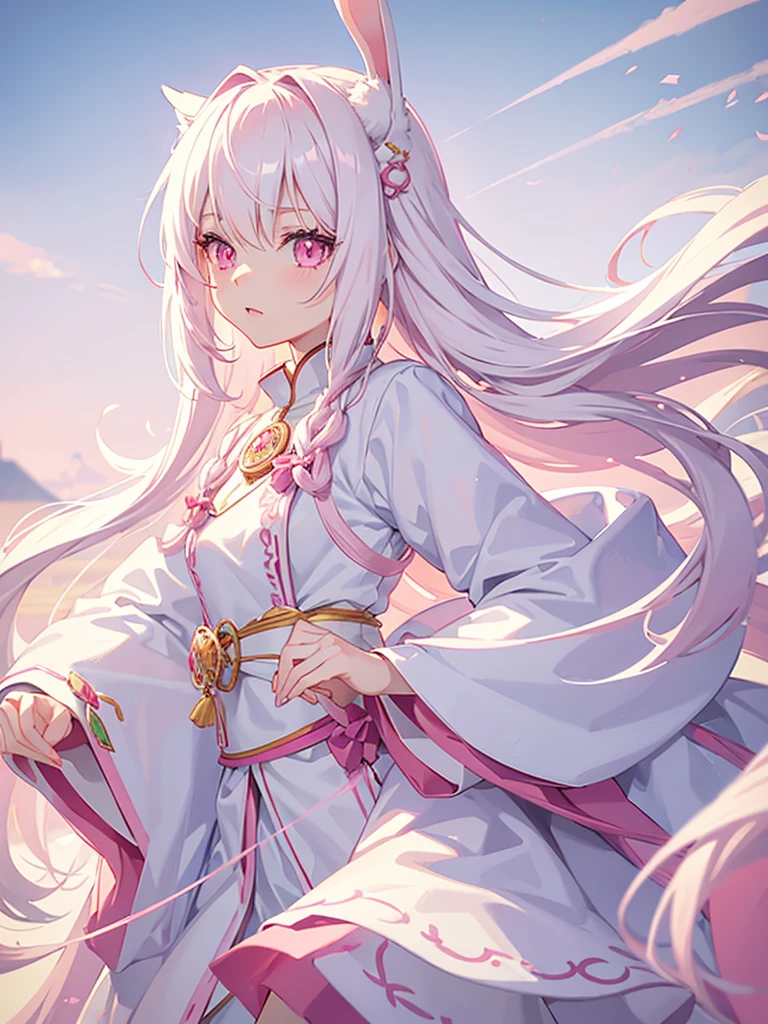 anime style, 18 years old female, long white hair with pink tips, bunny ears, cute face, bright skin, pink eyes, white aesthetic japanese clothes, fluffy cloudy background, high detailed, playful patterns, lively texture, unique visual effect