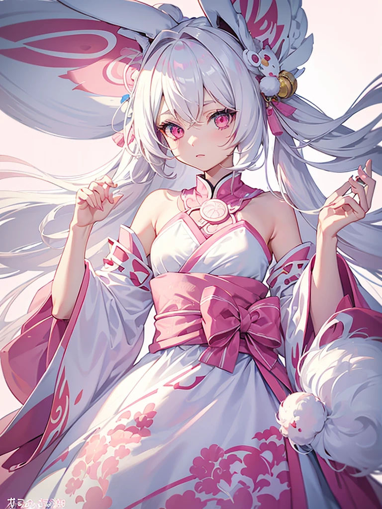 anime style, 18 years old female, long white hair with pink tips, bunny ears, cute face, bright skin, pink eyes, white aesthetic japanese clothes, fluffy cloudy background, high detailed, playful patterns, lively texture, unique visual effect
