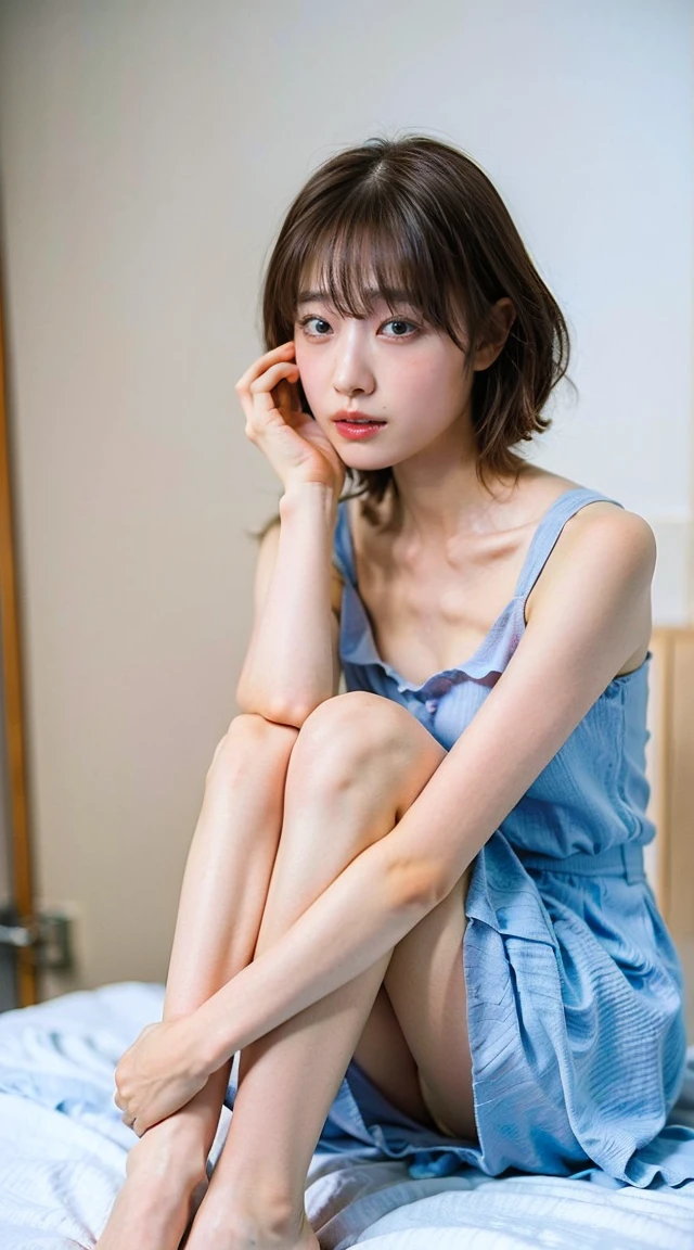 ((masterpiece), (Highest quality, High resolution, Very detailed、8k),A woman sitting on an empty bed with her knees raised、underwear、(both feet together)、(Raise both arms high above your head)、(Light brown hair、hair behind ear、With eyes wide open、very short hair)、If you look at this、(Very long legs)、Short torso、Diagonally forward、Close-up full-body shot、Gentle lighting、