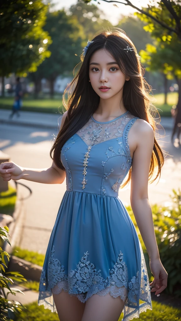 8K, UHD, MAsterpiece, best quality, 1 girl, (realistic face), happy pace, very long hair, small breasts, decorated dress, very beautiful ornaments dress, blue color, ((lace)), mesh dress, sardine, loops, in the park, depth of field, cinematic lighting, chromatic aberration, motion blur, glowing light, god rays, ray tracing, reflection light, backlighting, knee short,