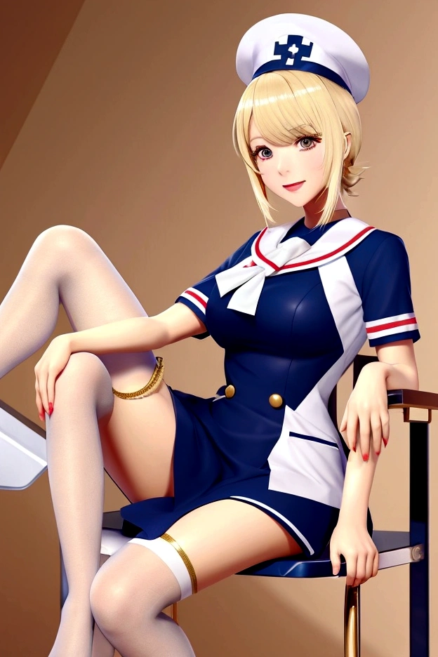 A blonde hair anime nurse girl, navy blue and white nurse outfit with golden decorations, wearing black stockings on legs, sitting on chair