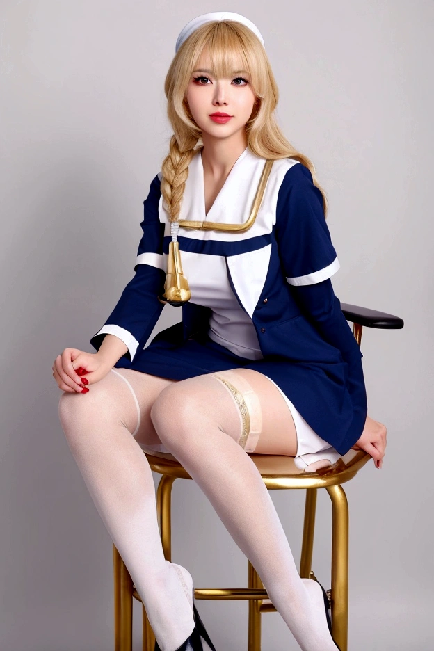 A blonde hair anime nurse girl, navy blue and white nurse outfit with golden decorations, wearing black stockings on legs, sitting on chair