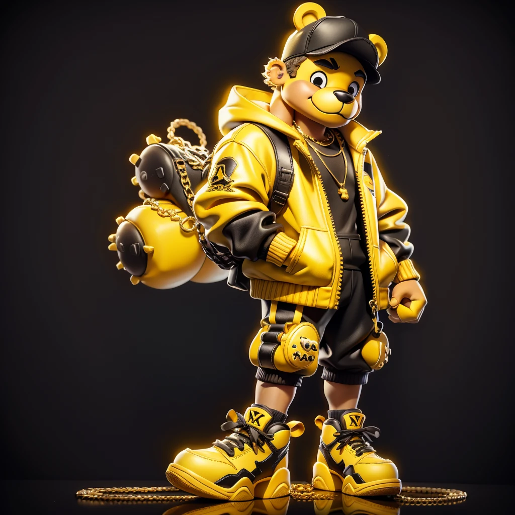 1teddy bear, Black and yellow outfit, energy monster, wearing braces, street standing, wearing gold chain necklace, air jordan shoes.