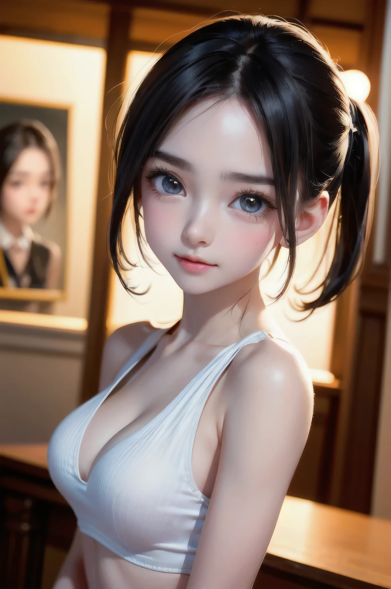 One Girl,(One very cute girl:1.3),masterpiece,Highest quality,High resolution,Photorealistic,RAW Photos,Ray Tracing,beautiful girl,(:1.3),cute,Big eyes,(detailed pupils:1.2),(The face is facing straight ahead:1.3),Body facing forward,from belowlook up,Beautiful nose,Fuller lips,Short black hair,ponytail,short hair,Detailed eyelashes,Thin eyebrows,Very fine grain definition,(Symmetrical eyes:1.3),(Face close-up,Face Focus:1.0),White swimsuit,White Bikini,Portrait,View Viewer,From below,Cinema Lighting,High resolution,Very detailed