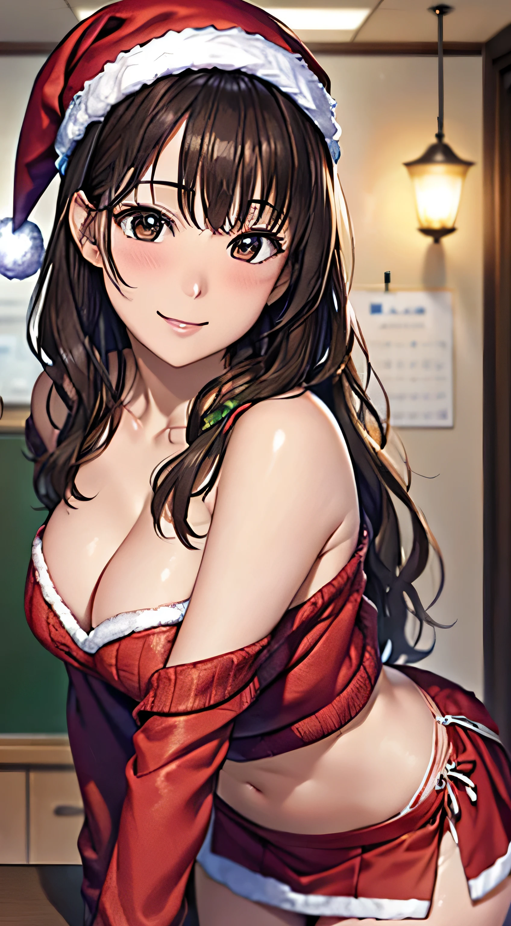 ((Tabletop, Highest quality, High resolution, , Pixel Perfect, 4K,))), 1 female teacher, single, alone, beauty、The whole body is visible、 ((Long Wavy Hair, bangs, Brown Hair)), ((Brown eyes, Beautiful eyelashes, Realistic eyes)), ((Detailed face, Blushing:1.2)), ((Smooth texture:0.75, Realistic texture:0.65, Realistic:1.1, Anime CG Style)), Big Breasts, Dynamic Angle, Perfect body, (( , , Santa Claus Cosplay Hat、 Santa Claus Cosplay Off Shoulder Sweater、flare skirt、Floral lace panties 、)), 、、Very embarrassing panic smile, 、、classroom、、、、Stick your butt out、Leaning forward、Bring your arms together、 、Angle from below)、