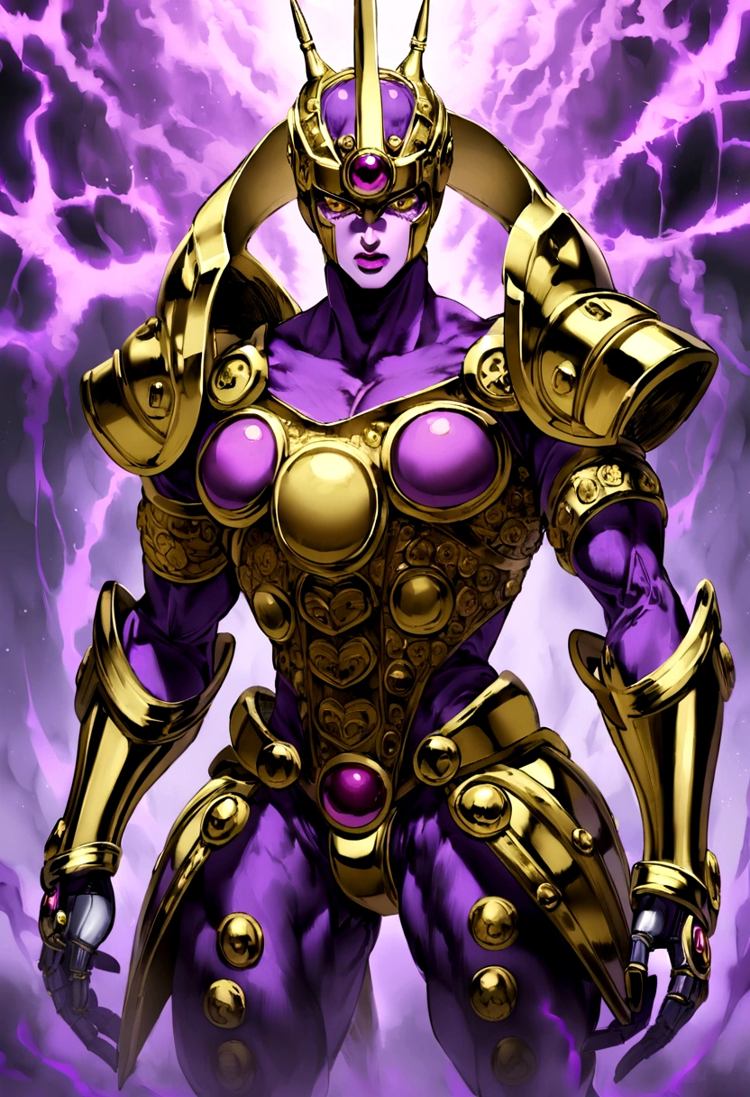 JoJo's Bizarre Adventure - A humanoid spirit with gold and silver armor and black parts, Stand truss, There is a purple and dark aura around the body. His face resembles that of Gold Experience, Robot Valkyrie helmet with gold parts around the forehead.