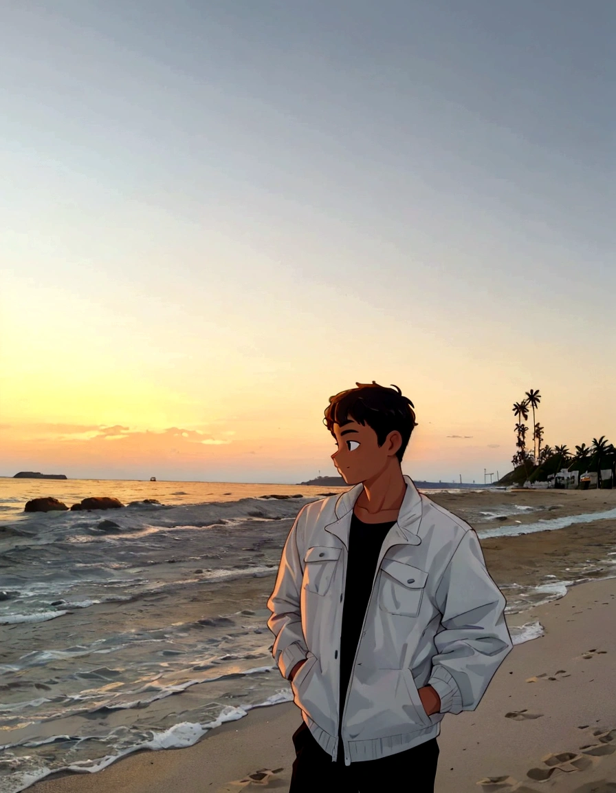arafed man standing on a beach with a sunset in the background, with sunset, with a sunset, at beach at sunset, at a beautiful sunset, on the beach during sunset, during sunset, during golden hour, in the sunset, standing at the beach, at the beach on a sunset, sunset in background, standing on the beach at sunset