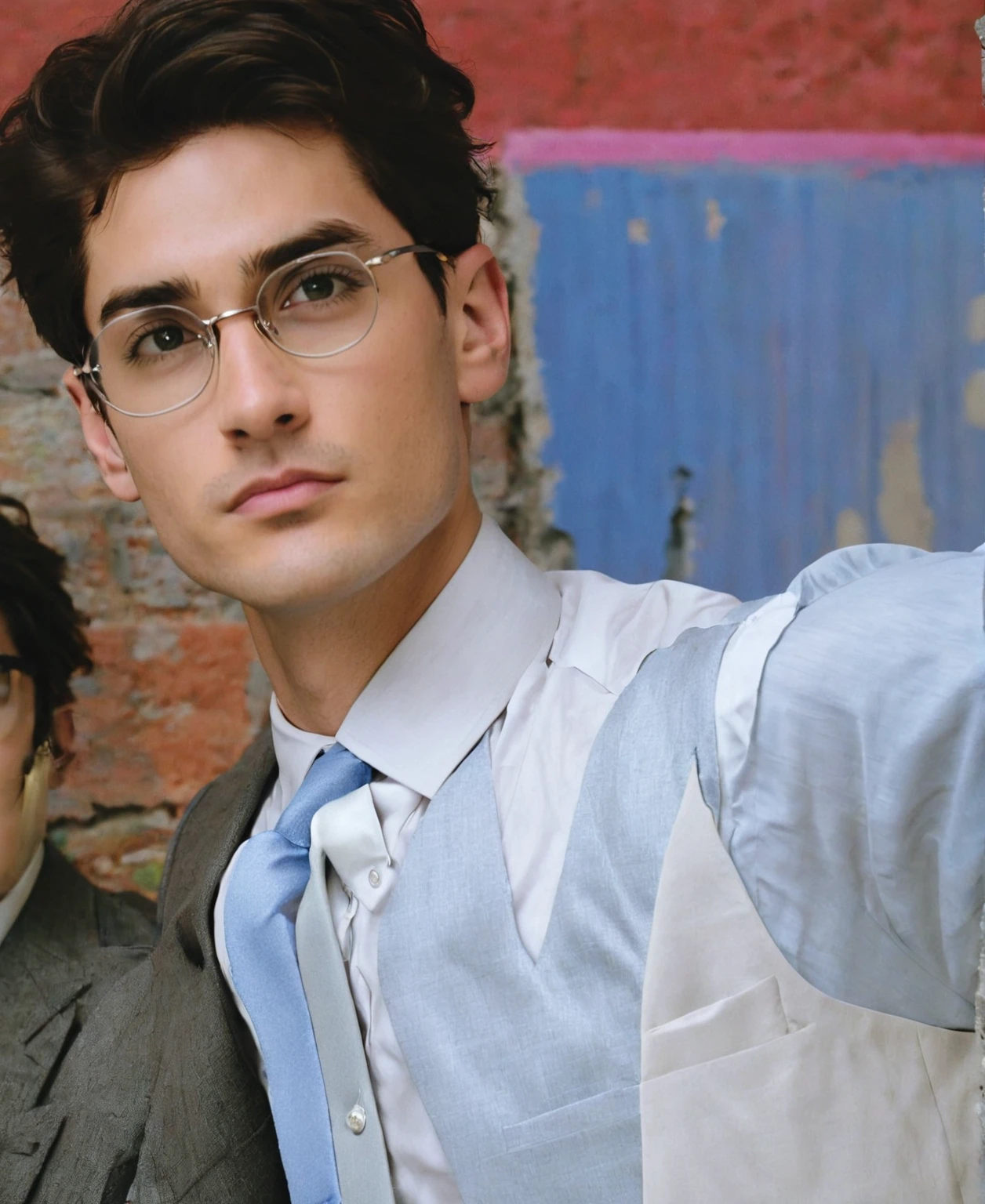 A young man wearing glasses and a dark blue suit. He stands against a light gray background, possibly a wall. The man is adjusting his tie with one hand while the other is in his pocket. He has a confident and poised expression on his face.