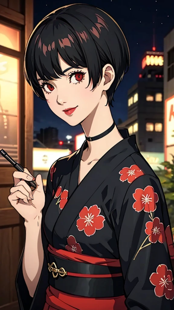 1girl, smile, red eyes, tomboy Pixie haircut, very Short hair, black hair, black choker, yukata, lipstick, cowboy shot