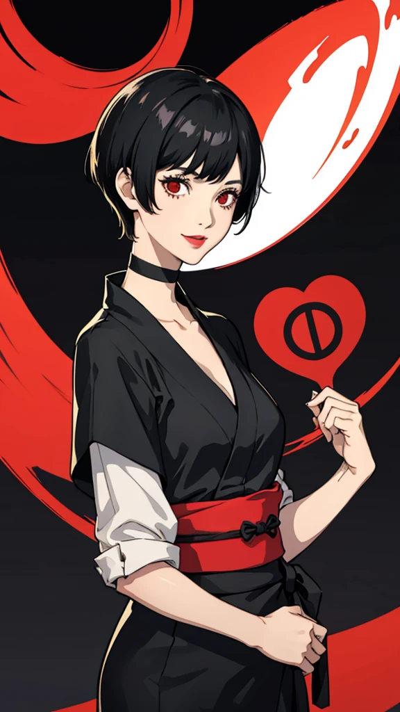 1girl, smile, red eyes, tomboy Pixie haircut, very Short hair, black hair, black choker, yukata, lipstick, cowboy shot