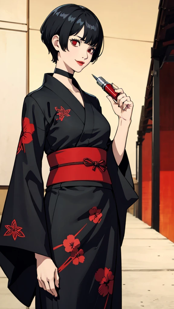 1girl, smile, red eyes, tomboy Pixie haircut, very Short hair, black hair, black choker, yukata, lipstick, cowboy shot