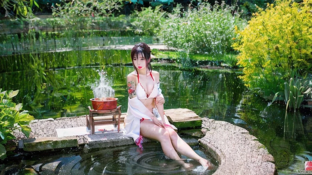 Japanese yakuza beautiful girl with tatooed with short sexy kimono, with big , are going to burning incense in the garden