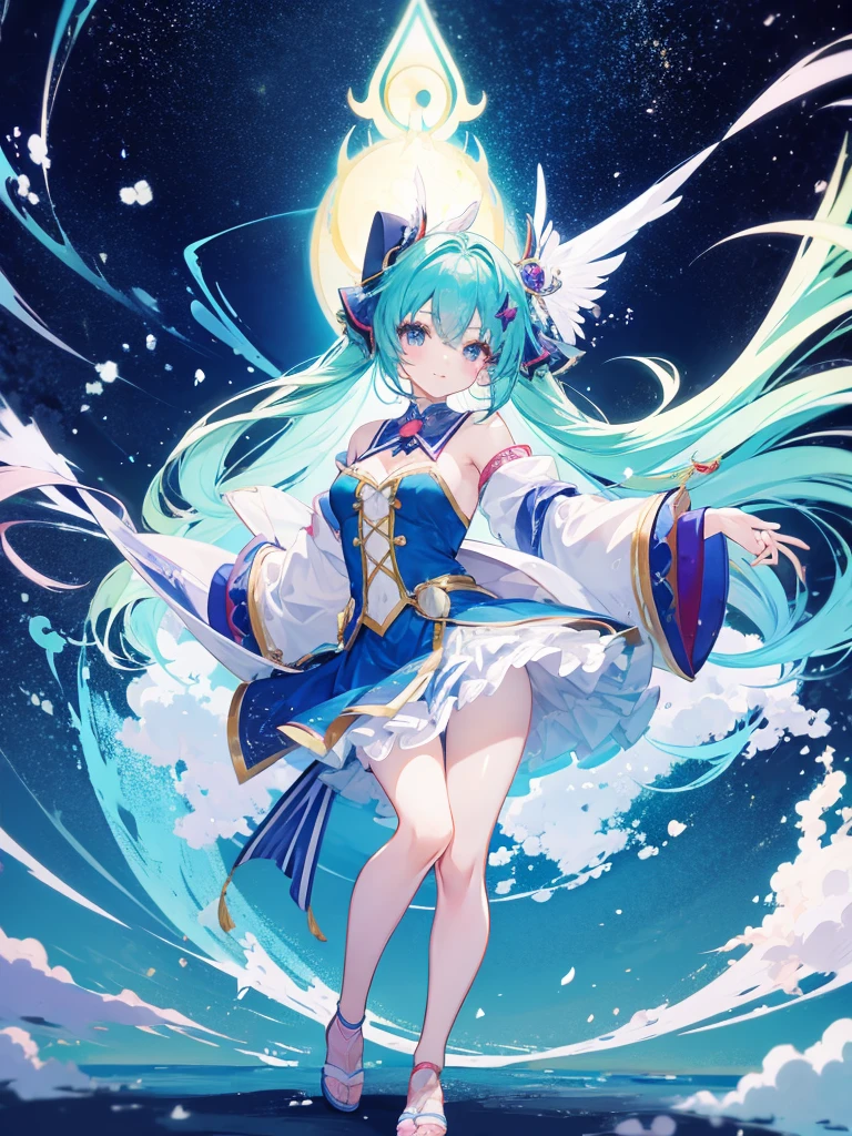 anime girl dancing and looked above a mystical sky