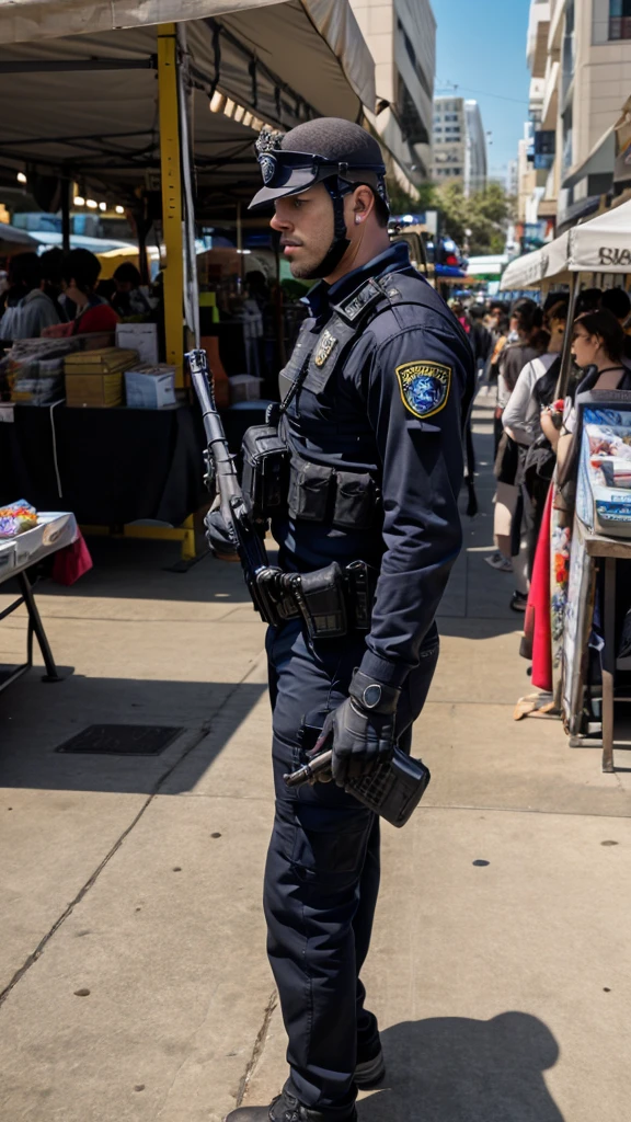 masterpiece, high quality, hires, 1man, solo, swat officer, (perfect hands, matching gloves, fingerless gloves, holding weapon, Heckler & Koch MP5), standing, on patrol, los angeles market backdrop, looking away