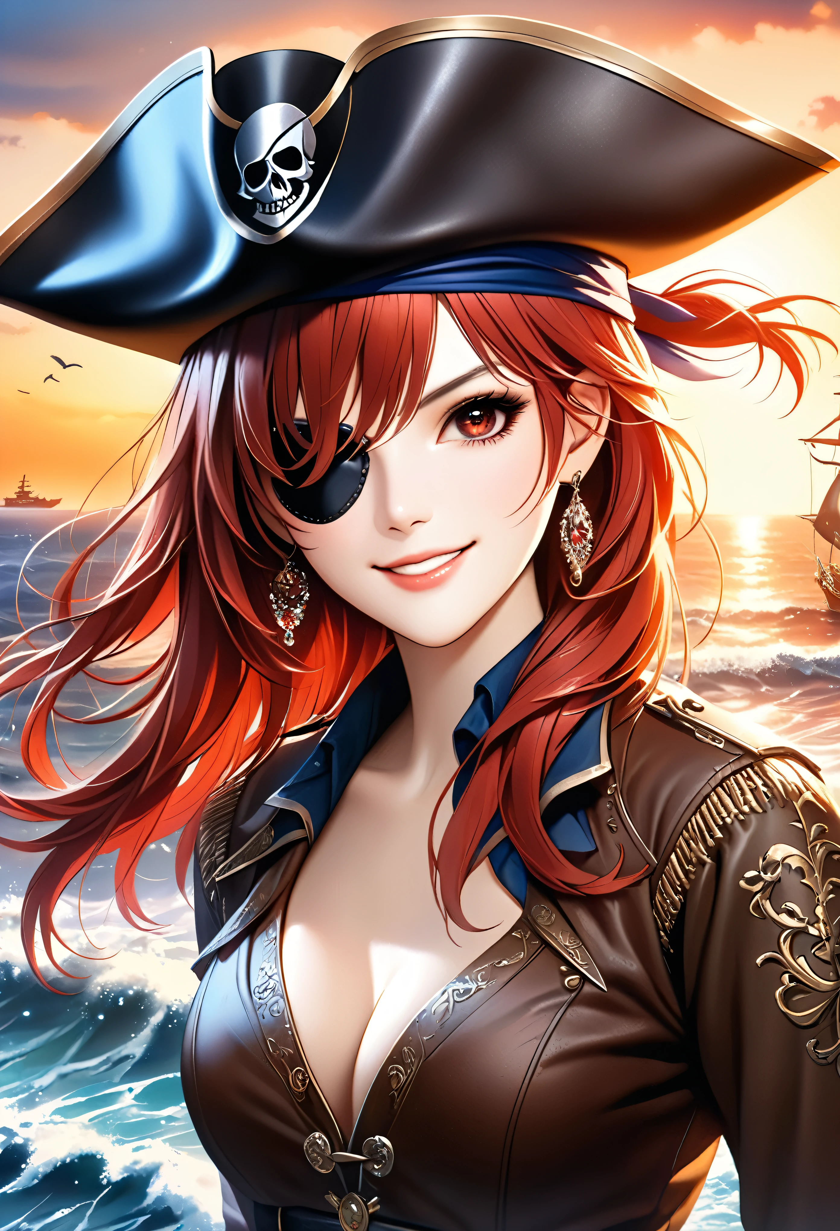 (Masterpiece in maximum 16K resolution:1.6), (intricate detail:1.4), (extremely insane detail:1.4),(highest quality:1.3),(Hyper_realistic:1.3). | ((Dark_color_tones):1.3),((upper body view of beautiful female pirate with red hair, an eye patch, detailed facial features, detailed clothing):1.3),((aeshthetic pirate ornaments, ship in the background, ocean waves, sunset sky, dramatic lighting):1.1), ((wide angle shot):1.2), Clear light, Edge lighting, Perfect image, 16k UE5,editorial painting, superfine, Depth of field, Ultra-realistic, no contrast, clean sharp focus, professional painting, No blurring. | (watercolor painting, dark color, sharp focus), ((Pretty Supermodel beauty):1.2), ((Red Hair):1.1), ((Pirate eye patch with jewels):1.1), kinetic expression, style painting magic. | ((She is smiling with evil intention):1.3),((perfect_pose):1.5), ((perfect_fingers, better_hands, perfect_hands, perfect_legs):0.7), (((More_Detail))). | Rendered in ultra-high definition with UHD and retina quality, this masterpiece ensures anatomical correctness and textured skin with super detail. With a focus on high quality and accuracy, this award-winning portrayal captures every nuance in stunning 16k resolution, immersing viewers in its lifelike depiction. Avoid extreme angles or exaggerated expressions to maintain realism. ((perfect_composition, perfect_design, perfect_layout, perfect_detail, ultra_detailed)), ((enhance_all, fix_everything)), More Detail, Enhance.