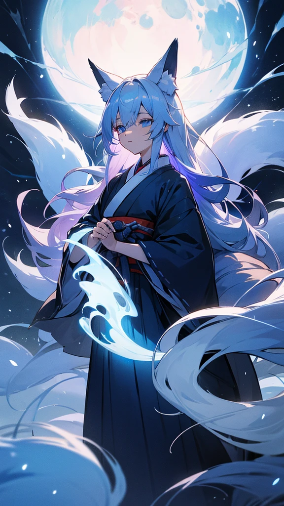 A fantastical scene featuring a character with silver hair and blue eyes. The character is wearing a traditional Japanese hakama and has fox ears and nine fox tails. A blue aura surrounds them, adding an ethereal glow to their presence. The scene is set on a moonlit night with gentle snowfall, creating a serene and magical atmosphere. The moonlight reflects off the snow, adding a shimmering effect to the entire scene.