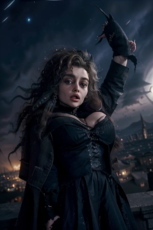 Bellatrix lestrange, con gran escote, cara de asco, cuerpo entero, volando en su escoba de bruja por el cielo nocturno, melena al viento