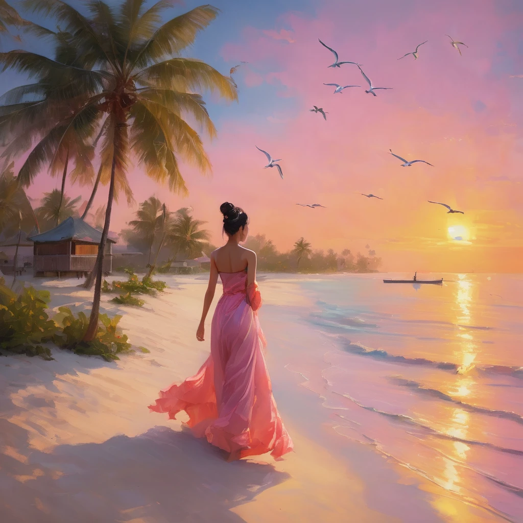 (Main Part, high resolution, illustration:1.2), Chinese woman elegant, (Elegant and graceful presence:1.1), (The golden sun sinks below the horizon:1.2), (The gentle sea breeze caresses your cheeks:1.2), (Quiet、Secluded beach,Palm trees:1.1), (Paint the sky with pink and orange pastels:1.2), (Gentle waves lapping against the sand:1.1), (Seagulls glide through the air:1.2), Paradise in the Maldives,Enjoy a charming and peaceful moment, Artistic Details, Fascinating composition.