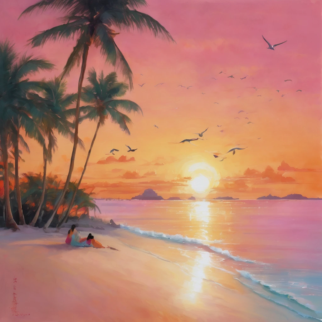 (Main Part, high resolution, illustration:1.2), Chinese woman elegant, (Elegant and graceful presence:1.1), (The golden sun sinks below the horizon:1.2), (The gentle sea breeze caresses your cheeks:1.2), (Quiet、Secluded beach,Palm trees:1.1), (Paint the sky with pink and orange pastels:1.2), (Gentle waves lapping against the sand:1.1), (Seagulls glide through the air:1.2), Paradise in the Maldives,Enjoy a charming and peaceful moment, Artistic Details, Fascinating composition.