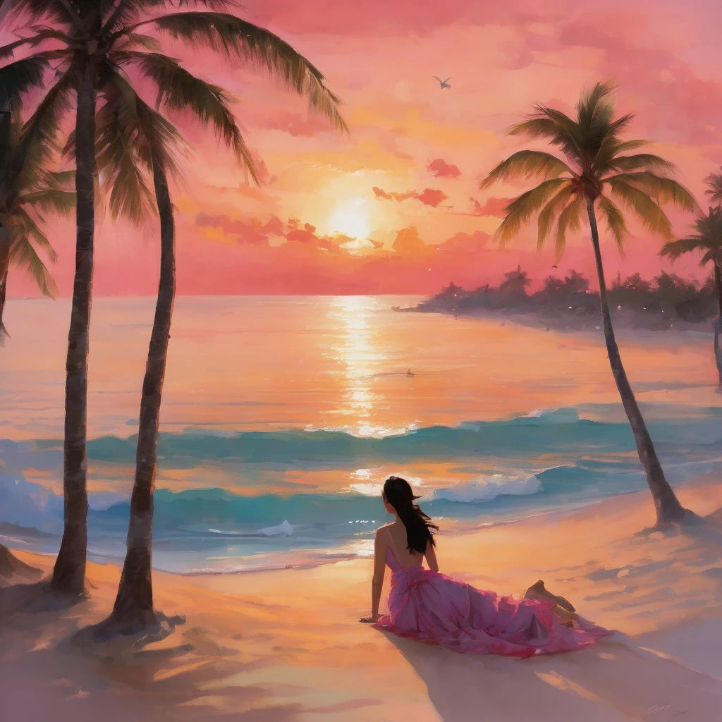 (Main Part, high resolution, illustration:1.2), Chinese woman elegant, (Elegant and graceful presence:1.1), (The golden sun sinks below the horizon:1.2), (The gentle sea breeze caresses your cheeks:1.2), (Quiet、Secluded beach，Palm trees:1.1), (Paint the sky with pink and orange pastels:1.2), (Gentle waves lapping against the sand:1.1), (Seagulls glide through the air:1.2), Paradise in the Maldives，Enjoy a charming and peaceful moment, Artistic Details, Fascinating composition.