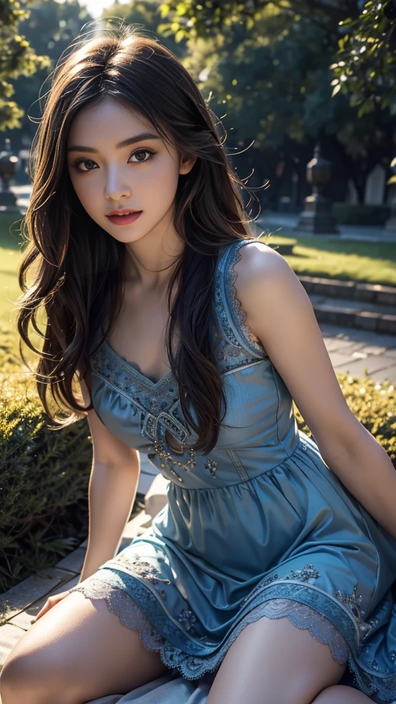 8K, UHD, MAsterpiece, best quality, 1 girl, (realistic face), happy pace, very long hair, small breasts, decorated dress, very beautiful ornaments dress, blue color, ((lace)), mesh dress, sardine, loops, in the park, depth of field, cinematic lighting, chromatic aberration, motion blur, glowing light, god rays, ray tracing, reflection light, backlighting, knee short,