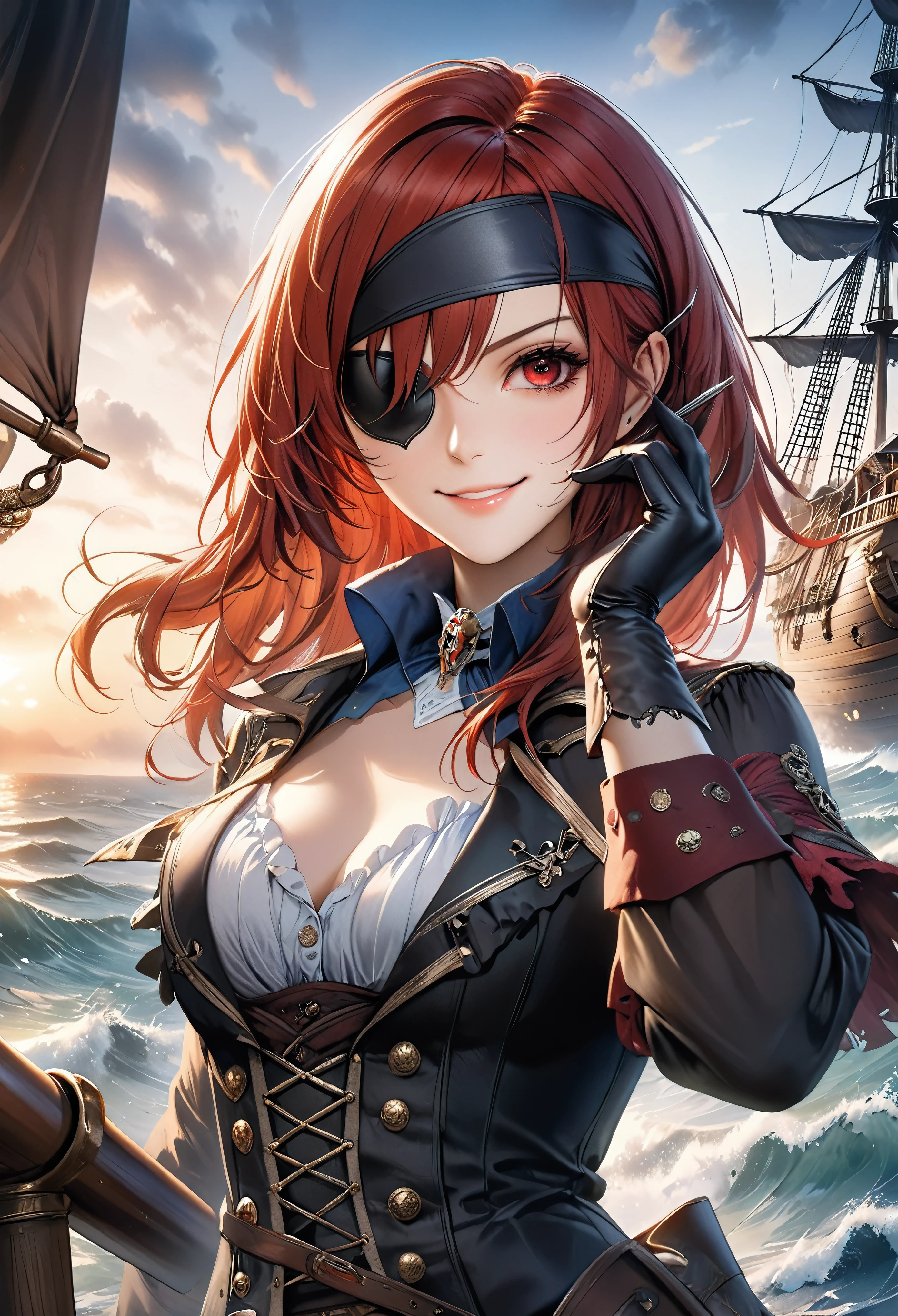 (Masterpiece in maximum 16K resolution:1.6), (intricate detail:1.4), (extremely insane detail:1.4),(highest quality:1.3),(Hyper_realistic:1.3). | ((Dark_color_tones):1.3),((upper body view of beautiful female pirate with red hair, an eye patch, detailed facial features, detailed clothing):1.3),((aeshthetic pirate ornaments, ship in the background, ocean waves, sunset sky, dramatic lighting):1.1), ((wide angle shot):1.2), Clear light, Edge lighting, Perfect image, 16k UE5,editorial painting, superfine, Depth of field, Ultra-realistic, no contrast, clean sharp focus, professional painting, No blurring. | (watercolor painting, dark color, sharp focus), ((Pretty Supermodel beauty):1.2), ((Red Hair):1.1), ((Pirate eye patch):1.3), ((fancy pirate hand gloves):1.3), kinetic expression, style painting magic. | ((She is smiling with evil intention):1.3),((perfect_pose):1.5), ((perfect_fingers, better_hands, perfect_hands, perfect_legs):0.7), (((More_Detail))). | Rendered in ultra-high definition with UHD and retina quality, this masterpiece ensures anatomical correctness and textured skin with super detail. With a focus on high quality and accuracy, this award-winning portrayal captures every nuance in stunning 16k resolution, immersing viewers in its lifelike depiction. Avoid extreme angles or exaggerated expressions to maintain realism. ((perfect_composition, perfect_design, perfect_layout, perfect_detail, ultra_detailed)), ((enhance_all, fix_everything)), More Detail, Enhance.
