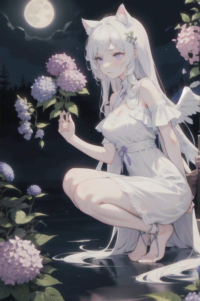 Attractive fluffy long white hair down to the knees, Detailed and precise manual work, Attractive girl, White cat ears, look at me, Purple eyes and white eyelashes,Her cheeks turned red,Big angel wings, A subject that stands out against the dark night sky,A lot of hydrangea, White Dress, Dramatic moonlight that makes your subject stand out, barefoot,Ankle decoration,