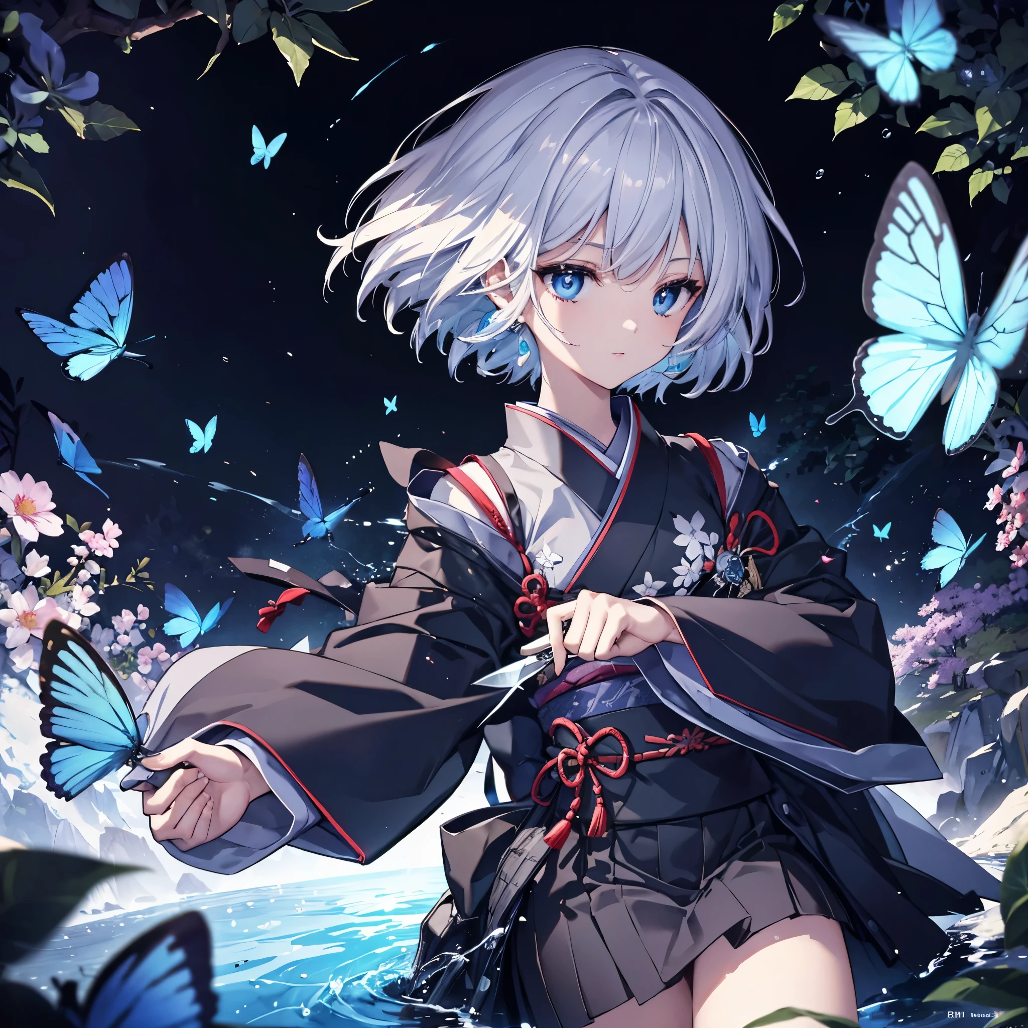(((1 person))) ((High resolution Gray Hair short hair Black kimono Shoulder)) ((Black Band military commander Lonely despair blue eyes)) ((Blue Butterfly night Japanese style old Shining Aura garden water surface)) (dance 日本knife knife Slashing) moon star Draw your sword Slashing Catch the wind