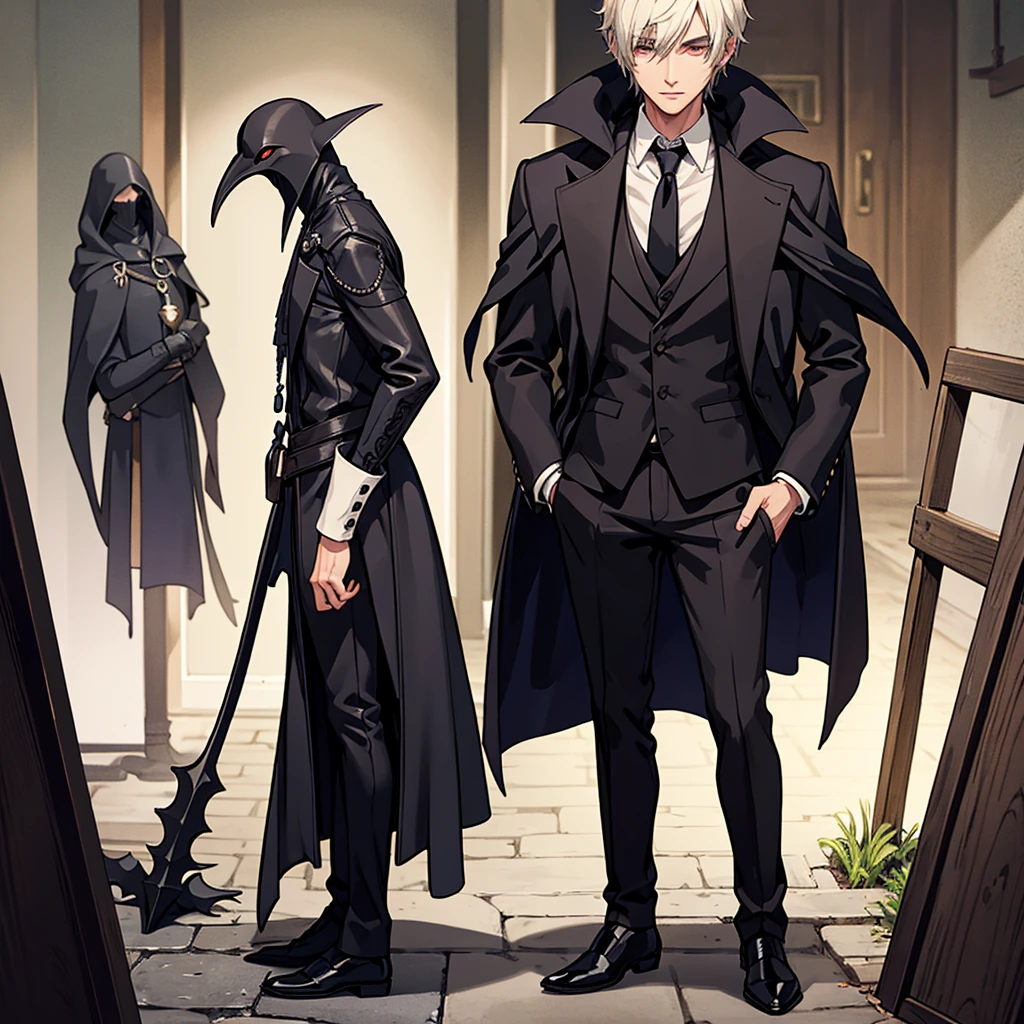 Put your hands in your pockets, Hair stands on end, Final Fantasy, Plague doctor,Young Man, Fantasy, good looking ,Talk a lot, middle ages, Short Hair, white jacket Plague doctor,Portraiture、Glowing Eyes