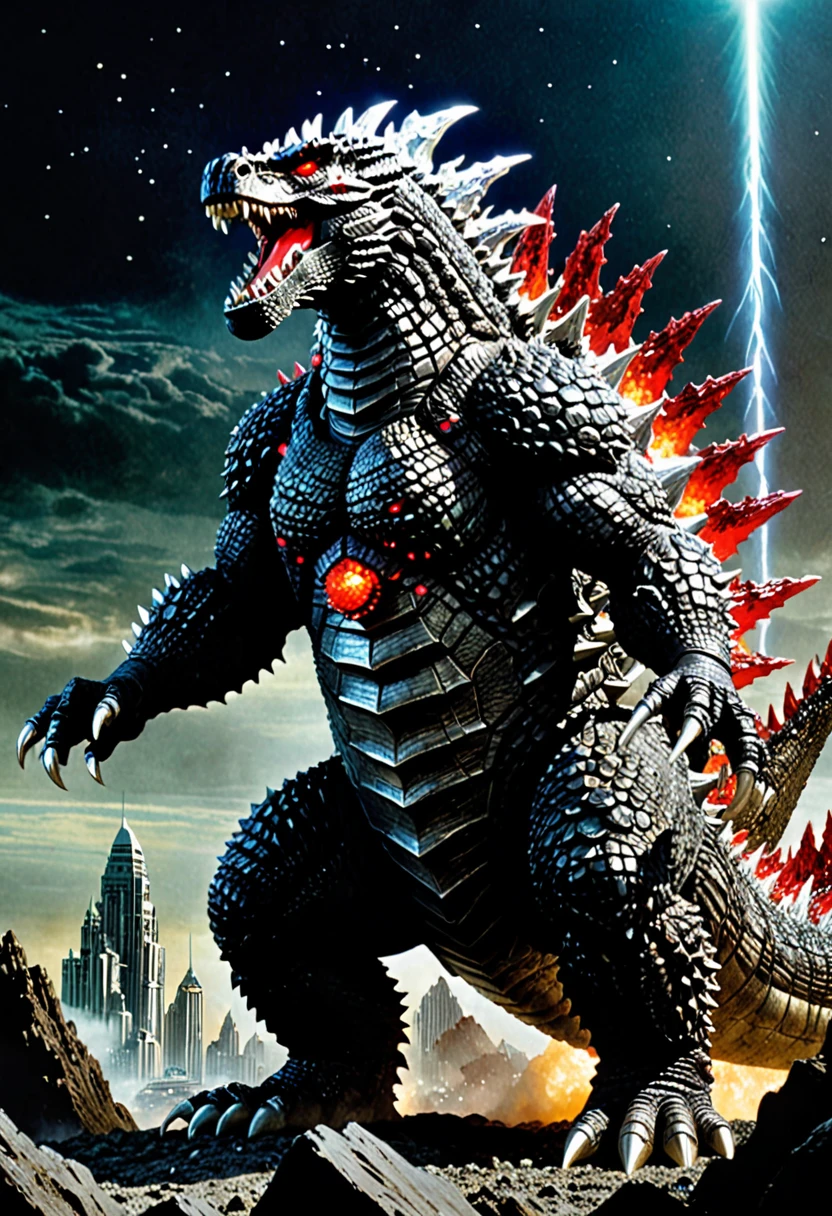 SpaceGodzilla is a giant creature with dark gray skin and shiny silver scales that appear to be made of crystals. It has sharp spines protruding from its back and a head with protruding crystal ridges. It has glowing red eyes and a large mouth with many sharp teeth. Its arms are long and powerful, and its hands have three fingers with sharp claws. Its legs are short and thick, and its feet have three toes with sharp claws. It has a long tail that ends in a sharp point of crystals all around. SpaceGodzilla stands on its hind legs, with its head raised and facing forward. SpaceGodzilla looks powerful and menacing.
