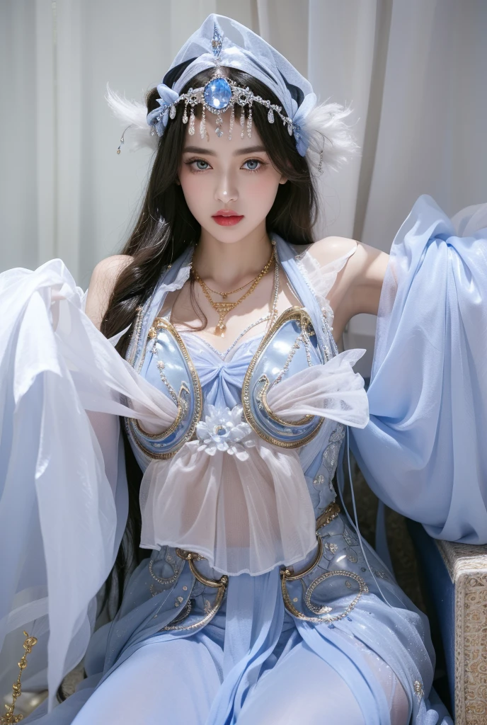 Super detailed, Delicate face, Realistic style, Stock Photography , rich and colorful, Surrealism, Realistic textures, Dramatic Lighting, Thin Film Distiller 800 (8K, original photo, Better quality, masterpiece: 1.2), Super detailed, (Extremely delicate skin: 1.2), 8K Ultra HD, SLR camera, Soft Light, high quality,Snow Queen,ice castle,Blue pupils,Apply red lipstick,Ultra-clear portrait,Wearing necklace jewelry,apply lipstick,Wear heavy makeup,The facial texture is very clear,Deep blue eyes(Sapphire-like pupils),A crown of luxury,Diamond necklace,Lace Print,Beautiful goddess,Gorgeous and exquisite gold jewelry,Yan Lingji,