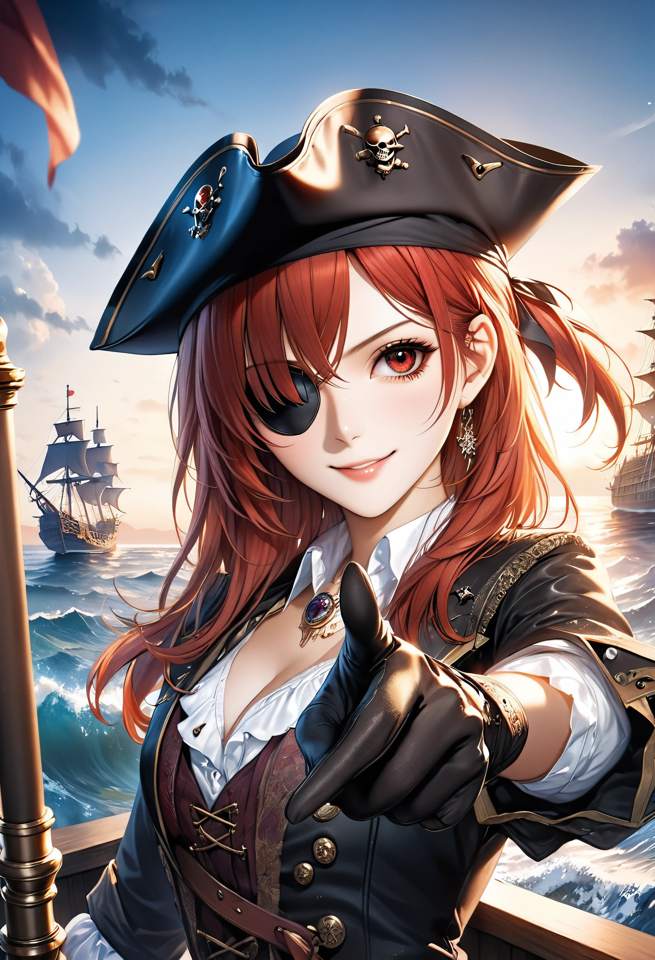 (Masterpiece in maximum 16K resolution:1.6), (intricate detail:1.4), (extremely insane detail:1.4),(highest quality:1.3),(Hyper_realistic:1.3). | ((Dark_color_tones):1.3),((upper body view of beautiful female pirate with red hair, an eye patch, detailed facial features, detailed clothing):1.3),((aeshthetic pirate ornaments, ship in the background, ocean waves, sunset sky, dramatic lighting):1.1), ((wide angle shot):1.2), Clear light, Edge lighting, Perfect image, 16k UE5,editorial painting, superfine, Depth of field, Ultra-realistic, no contrast, clean sharp focus, professional painting, No blurring. | (watercolor painting, dark color, sharp focus), ((Pretty Supermodel beauty):1.2), ((Red Hair):1.1), ((Pirate eye patch):1.3), ((fancy pirate hand gloves):1.3), kinetic expression, style painting magic. | ((She is smiling with evil intention):1.3),((perfect_pose):1.5), ((perfect_fingers, better_hands, perfect_hands, perfect_legs):0.7), (((More_Detail))). | Rendered in ultra-high definition with UHD and retina quality, this masterpiece ensures anatomical correctness and textured skin with super detail. With a focus on high quality and accuracy, this award-winning portrayal captures every nuance in stunning 16k resolution, immersing viewers in its lifelike depiction. Avoid extreme angles or exaggerated expressions to maintain realism. ((perfect_composition, perfect_design, perfect_layout, perfect_detail, ultra_detailed)), ((enhance_all, fix_everything)), More Detail, Enhance.