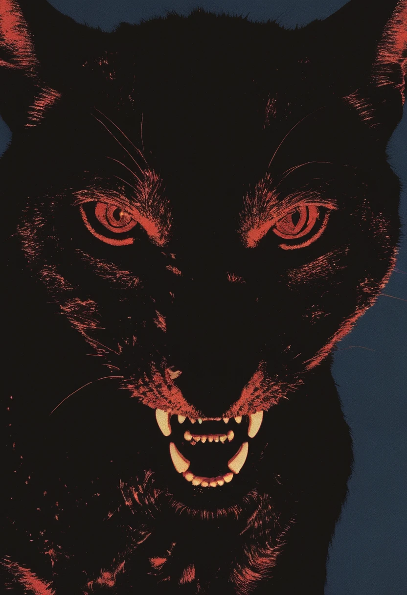 glitch art, lo-fi quality, long view of a cat with a giant fangs on its head is shown in the dark with a black background