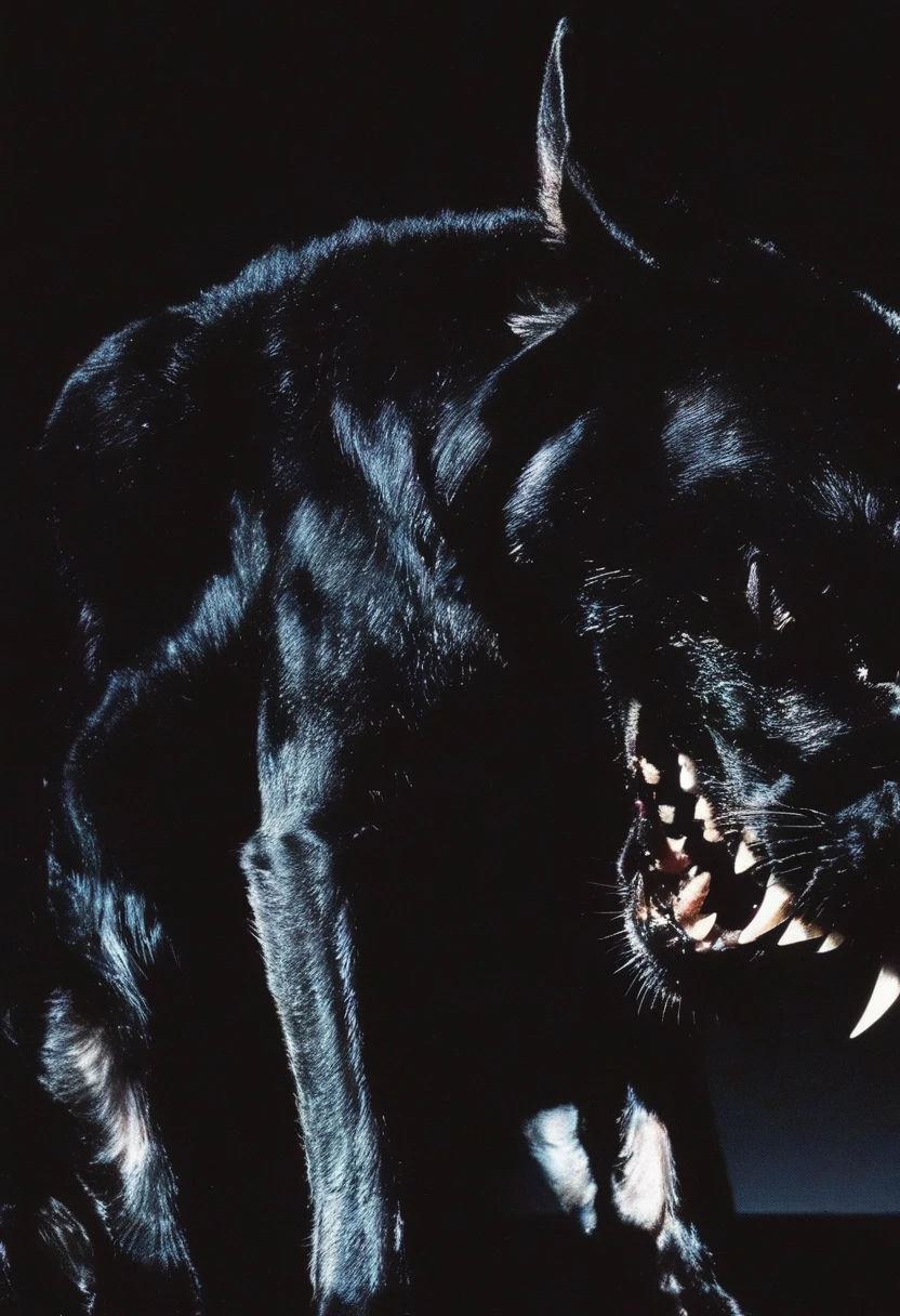 glitch art, lo-fi quality, long view of a cat with a giant fangs on its head is shown in the dark with a black background
