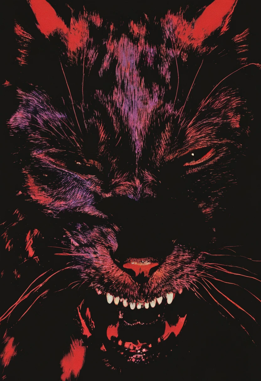 glitch art, lo-fi quality, long view of a cat with a giant fangs on its head is shown in the dark with a black background