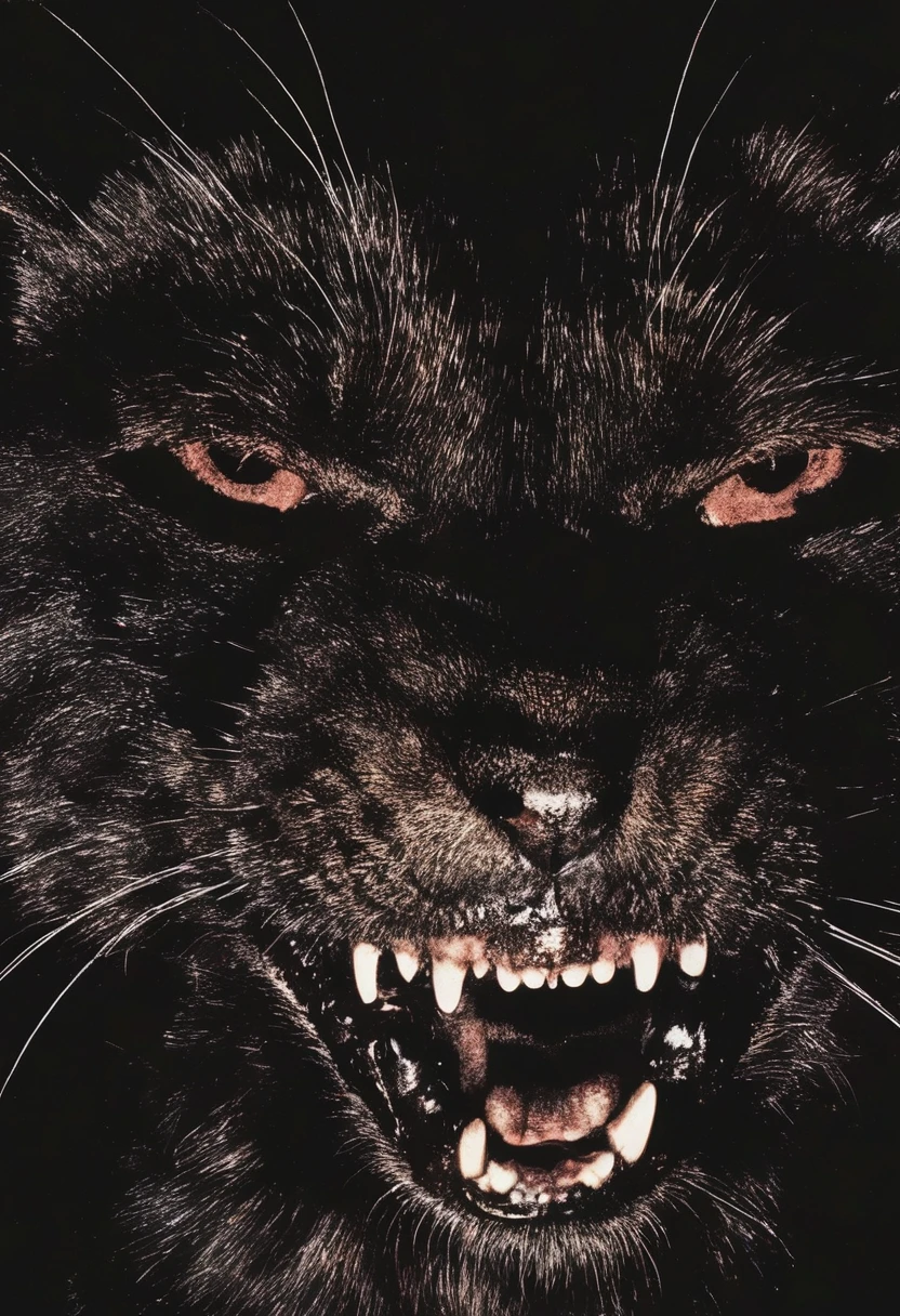 glitch art, lo-fi quality, long view of a cat with a giant fangs on its head is shown in the dark with a black background