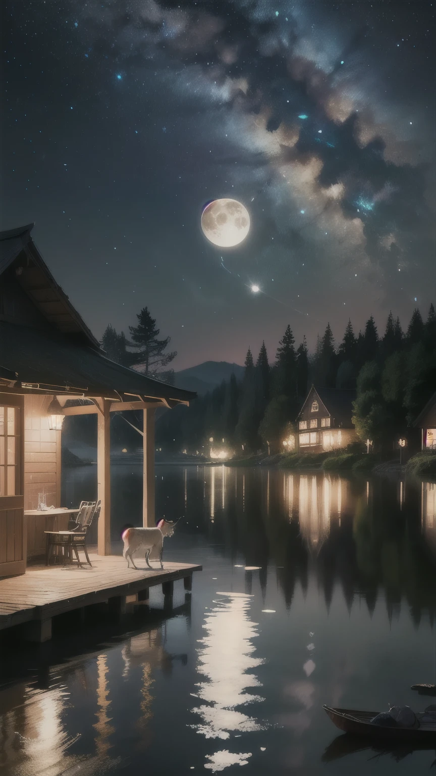 ウォルトディズニーのスタイルで古典的な手描きの漫画のcharacterの心温まるシーンを描きます. Paint a cozy picture, Pastel-colored cottages on a tranquil lake. character, With eyes full of wonder, Share tea with talking animals so that fireflies soften, Sparkling atmosphere. Darkness of the Night、Starry Sky、Big fantastic full moon、