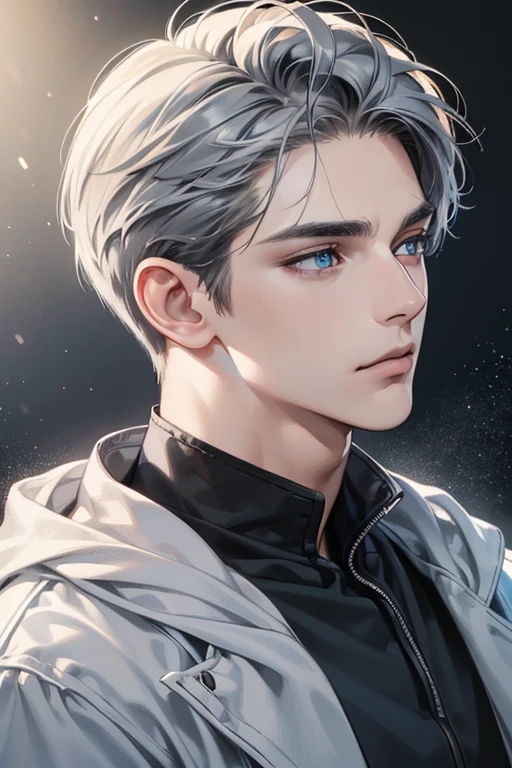 (best quality digital art digital illustration 4k high resolution beautiful image hyper-detailed image perfect lines soft lighting night environment smooth zoom perfect face) (1:1 photorealistic) (neutral colors hdr 1.4) an adult 35 year old man (thoughtful expression) very beautifu blue l eyes deep grey medium  hair modern clothes black (dark background)