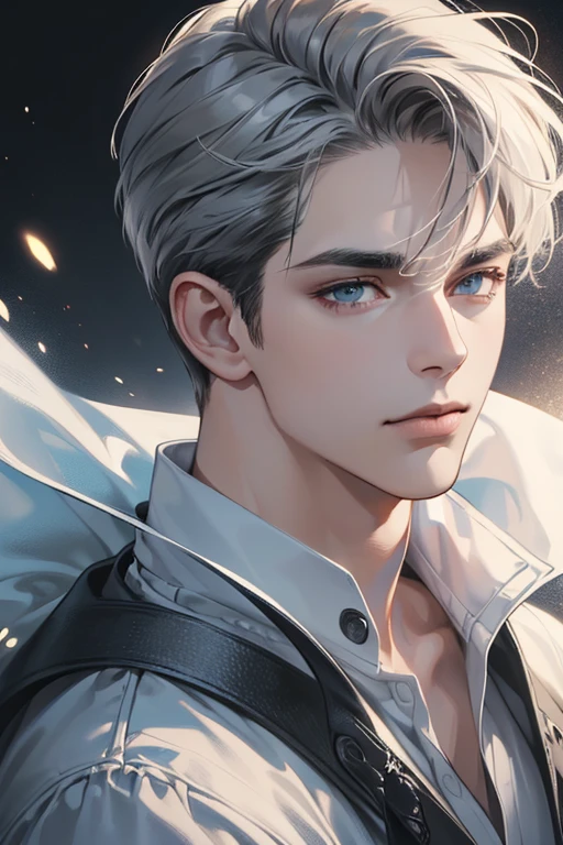 (best quality digital art digital illustration 4k high resolution beautiful image hyper-detailed image perfect lines soft lighting night environment smooth zoom perfect face) (1:1 photorealistic) (neutral colors hdr 1.4) an adult 35 year old man (thoughtful expression) very beautifu blue l eyes deep grey medium hair modern clothes black (dark background)