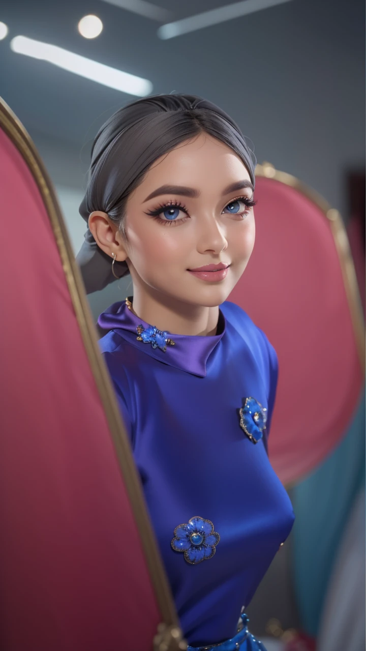 Character Design - a beautiful hijab girl character, beautifully makeup, eyeshadow, Parted Lips, detailed eyes, beautiful big eyes, long eye lashes, smile,. She's dresses (Dark gray satin headscarf)), loosely tide hijab style, ((Taupe satin shirt)), satin long pario. (Framing:head to thigh), front views