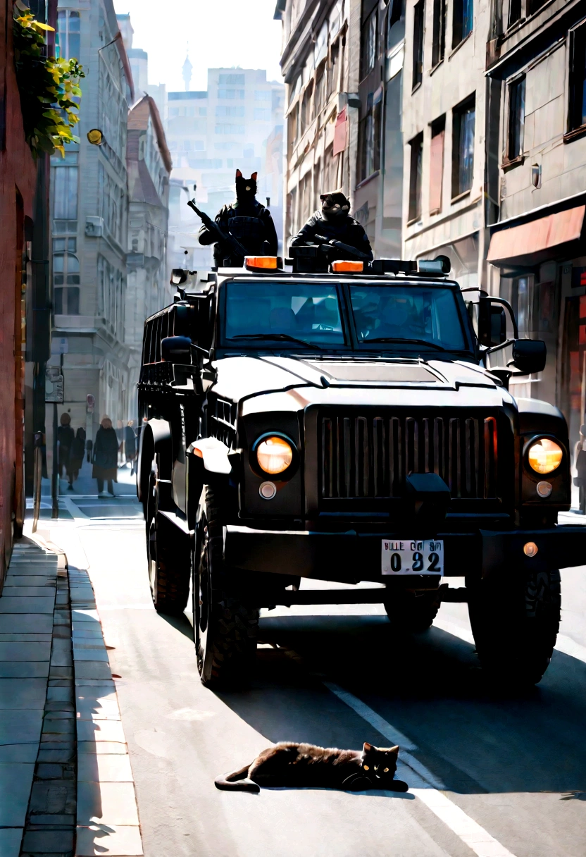 anthro cat, black SWAT outfit, detailed dark mascara, perfect skin, smiling, he is on the side of an Armored SWAT car, in a city, he is heavily armed with a rifle, rule of thirds, high quality background, ultra detailed scenery, ultra sharp focus, detailed dark mascara, perfect professional photo