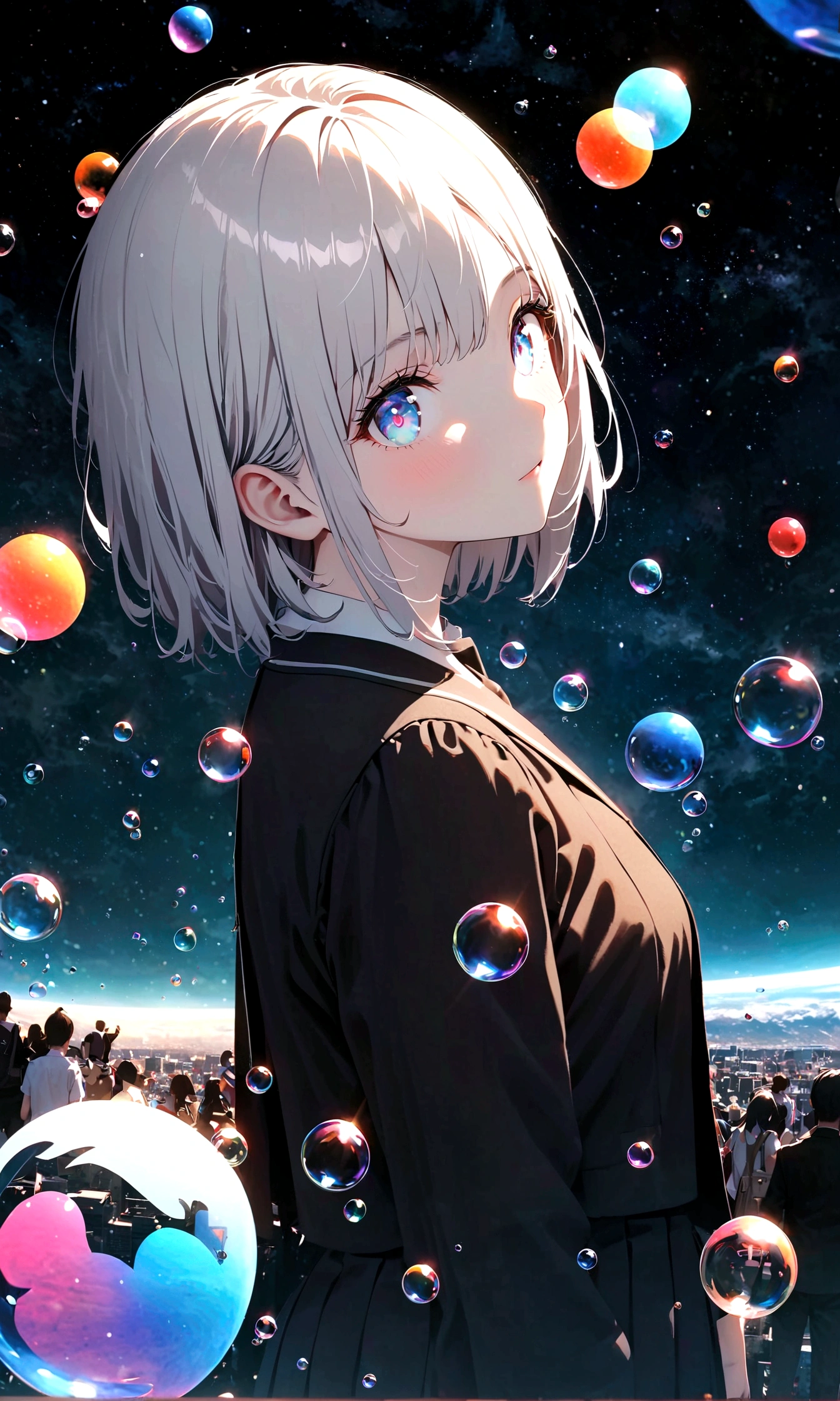 (woman\(student, 20-year-old, ＪＫ, Her short silver hair sways, Space-colored eyes, school black uniform, Pale skin) Look up at the sky), (A large glass-colored whale swims in the air), Beautiful sky, Beautiful Clouds, Colorful summer flowers are blooming everywhere., (Transparent bubbles shine like prisms here and there in the sky), There is a noon moon and a noon star in the sky, In a crowded downtown, break ,quality\(8k,非常に精細なCGユニットのwallpaper, masterpiece,High resolution,top-quality,top-quality real texture skin,Surreal,Increase the resolution,RAW Photos,最高quality,Very detailed,wallpaper,Cinema Lighting,Ray Tracing,Golden Ratio\),(Long Shot),Wide Shot,