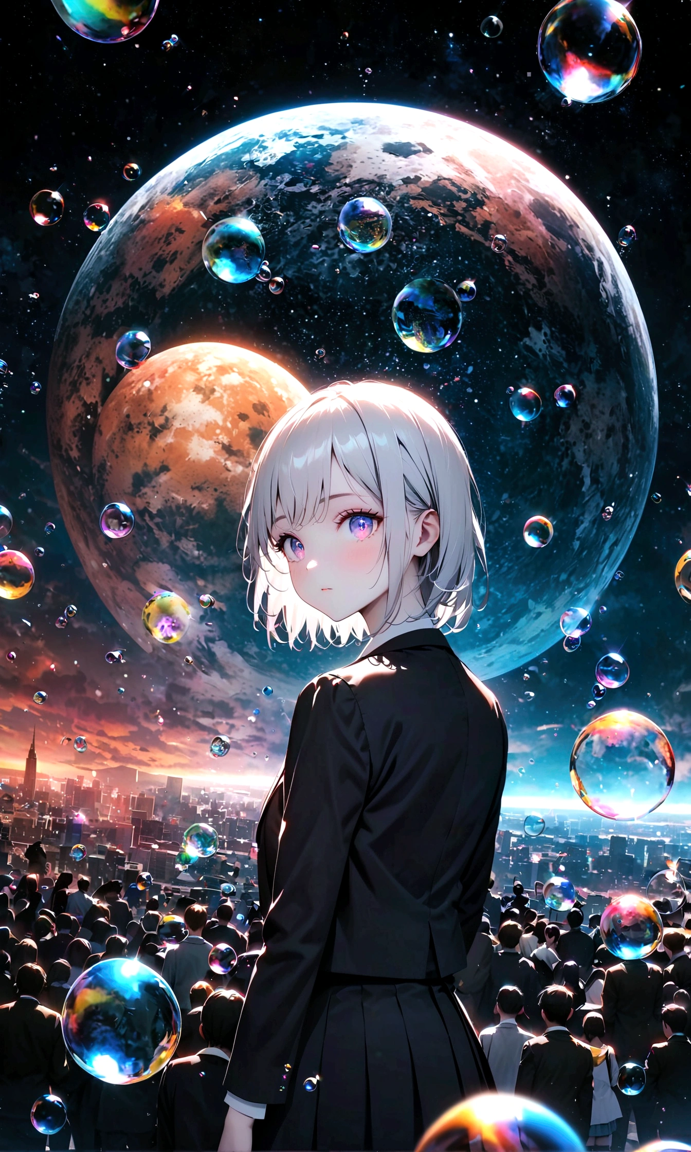 (woman\(student, 20-year-old, ＪＫ, Her short silver hair sways, Space-colored eyes, school black uniform, Pale skin) Look up at the sky), (A large glass-colored whale swims in the air), Beautiful sky, Beautiful Clouds, Colorful summer flowers are blooming everywhere., (Transparent bubbles shine like prisms here and there in the sky), There is a noon moon and a noon star in the sky, In a crowded downtown, break ,quality\(8k,非常に精細なCGユニットのwallpaper, masterpiece,High resolution,top-quality,top-quality real texture skin,Surreal,Increase the resolution,RAW Photos,最高quality,Very detailed,wallpaper,Cinema Lighting,Ray Tracing,Golden Ratio\),(Long Shot),Wide Shot,