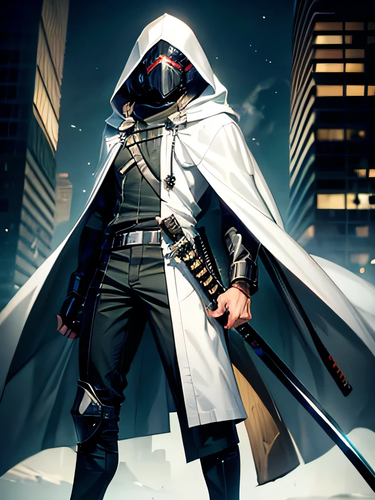 A tall muscular 17 year old boy with messy white hair, wearing a gas mask covering his face, a white cloak with its hood up and a black fullbody suit. Glowing green eyes and holding a black katana. In an urban city..